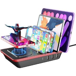 Charging Station for Multiple Devices, 85W 4 Ports Charger Station with Powerful 18W PD USB C Ports, 15W QI Wireless Charger and 3 USB 5V / 4.8A Charging Ports Compatible with iPhone iPad, Tablets