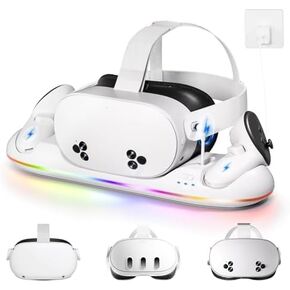 شحن Dock لـ Oculus Meta Quest 3S/3/2 مع ضوء RGB Color ، محطة الشاحن المغناطيسي على حد سواء للسماعات والوحدات - تقف إكسسوارات VR مع بطارية قابلة لإعادة الشحن (2100mAh*2) محول التيار المتردد