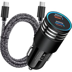 USB C Car Charger, 60W 2-Port PD Super Fast Car Charging Adapter+6FT Type C to C Cable for iPhone 16 Pro Max/15/15 Pro Max/15 Plus,Samsung S25/S24/S23/S22/S21/S20 A16 A25 A35 A15 A54 A14 A53 A13 A23
