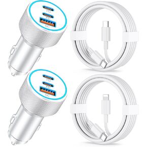 [3 in 1] Car Charger, 2Pack 67W 3-Port PD/QC Super Fast USB C Car Charger Adapter Accessories with 2x3FT Charging Cable for iPhone 16 15 14 13 12 11 Pro Max, iPad Pro/Air/Mini, MacBook, AirPods, Watch