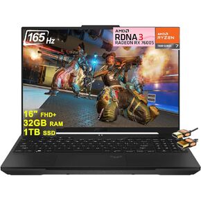 ASUS TUF Gaming A16 Laptop 16" FHD+ 165Hz 7ms 100% sRGB AMD Octa-core Ryzen 7 7735HS 32GB RAM 1TB SSD Radeon RX 7600S 8GB Graphics (>RTX 4060) Backlit USB-C USB4 Fast Charging Win11 +HDMI Cable