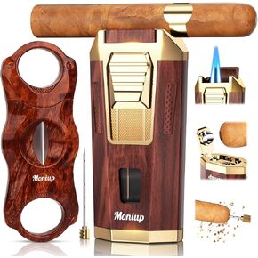 4-in-1 Torch Cigar Lighter, with Cigar V Cutter Set, Built-in Cigar Punch, Cigar Holder & Draw Enhancer, Cigar Accessories Gifts for Men, Dual Jet Flame Refillable Butane Lighters for Smoking, Travel