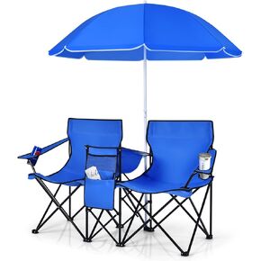 ARLIME Double Folding Beach Chairs, Outdoor Picnic Portable Loveseat Chairs with Removable umbrella & Mini Table Carrying Bag, Camping Chair for Patio, Pool, Park (Blue)