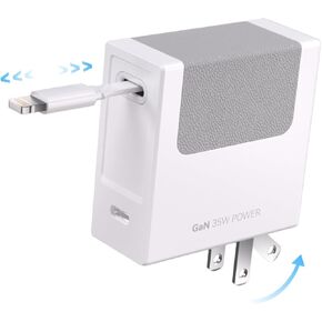 Retractable Wall Charger, 35W PD Fast Charging Block with Retractable Lightening Cables and USB C Port, Travel Power Adapter with Foldable Plug Compatible with iPhone14/13/12,iPad (White)