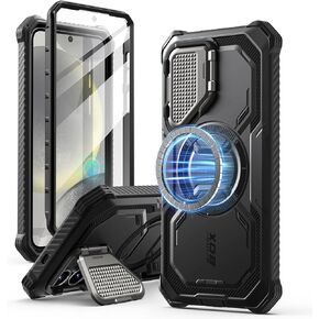 i-Blason for Samsung Galaxy S25 Plus Case with Camera Cover Stand [MagSafe Compatible] [Built-in Screen Protector] Full-Body Military-Grade Protection Rugged Magnetic Phone Case for S25 Plus, Black
