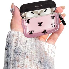 for AirPods 4th Generation Case Cute Aesthetic Bow Design with Keychain Wavy Protective Earphone Cover Case Soft Transparent TPU for AirPods 4 Case Women Girl-Black Pink