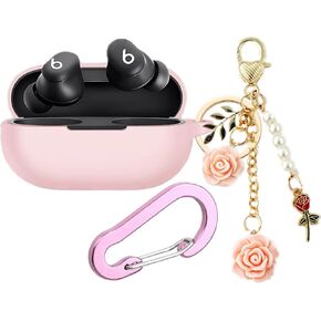 Case for Beats Solo Buds Case Cover with Flower Keychain, Cute Soft Silicone Shockproof Protective Skin Cases for Beats Solo Buds Wireless Earbuds with Carabiner for Women Girl (Purple)