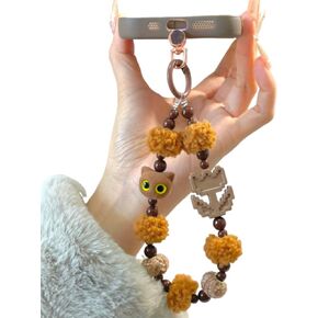 Phone Charm with, Kawaii Hands-Free Wrist Strap for Women Girl, Cute Cat Flower Handmade Wrist Fluffy Beaded Bead, Luxury Bling Glitter, Phone Lanyard, Wristlet Keychain