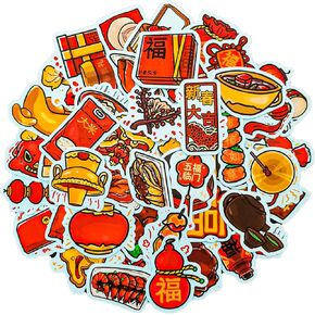 80 Pcs Laptop Bottles Waterproof Stickers Chinese New Year Decorations Chinese Spring Festival Element Stickers Year of The Snake Stickers Chinese Food Sticker