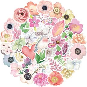 Flowers Stickers Set, Gift for Kids Teen, Cute Waterproof Vinyl Decals for Travel Luggage Suitcase Laptop Water Bottle Skateboard Bike Helmet Guitar Scrapbook Diary Phone Pad [50 PCS]