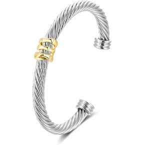 NANDUDU Cuff Bracelet for Women Twisted Two Tone Bangle, Cable Wire Bracelet Knot Stainless Steel Silver Cuff Vintage Bracelets Jewelry (Link C)