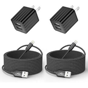 iPhone Charger 10ft, Fast iPhone Charger Dual 2Port USB Wall Charger Block Adapter Plug 2Pack & Long 10foot Fast Charging Nylon Braided Lightning Cable Cord for iPhone 14/13/12/11/XS/XR/8 Plus/SE iPad