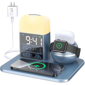 Wireless Charging Station with Alarm Clock, USB Port, 9 in 1 Bedside Fast Charging Dock Estacion de Carga Inalambrica for Multiple Apple Devices with Night Light - Blue (30W GaN Charger Included)