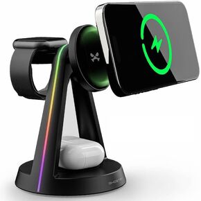 Ghostek NRGtower 15W MagSafe 3-in-1 Wireless Charging Station, RGB Magnetic Fast Charger Stand for iPhone, Apple Watch, and AirPods, Includes USB-C Cable, Compatible with iPhone 12 and Newer