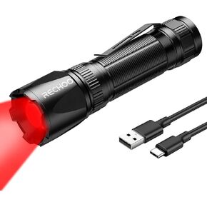 RECHOO Red Light Flashlight, High-Powered 3 Modes Red LED Rechargeable Flashlights with Clip & Lanyard, Zoomable and Portable Red Flashlights for Hunting, Astronomy, Aviation, Night Observation