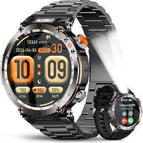 Military Smart Watches for Men, Smartwatch Sport LED Flashlight Outdoor Compass Bluetooth Answer/Dial Call 1.7" Fitness Tracker 600 mAh Large Battery Two Straps for Android/iOS