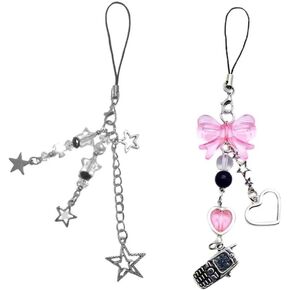 2PCS Cute Y2K Phone Bowknot Pendant Phone Charm Straps Y2K Accessories Star Phone Charm Y2K Accessories for Phone Bag Keychain Decor