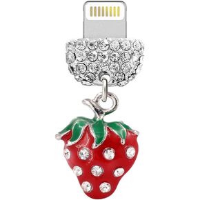ELISE & FONDA CP445 USB Charging Port Crystal Anti Dust Plug Little Strawberry Phone Charm for iPhone 13/12/11/ XS MAX/XR/X/8 Plus/7/6S/8/SE iPad iPod (Red)