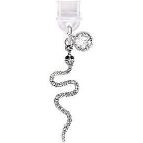 ELISE & FONDA TP376 Type-C USB Charging Port Anti Dust Plug Little Crystal Snake Cell Phone Charm for iPhone 15/16/Samsung/OnePlus/Xiaomi/oppo Android Phones (White)