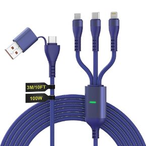 100W USB C to Multi Charging Cable 3M/10Ft [MFi Certified] 2-in-1 USB A/C to 3-in-1 Long Charging Cord with Type C +Micro USB +Lightning Connector Universal Charger for Laptop iPhone 16 15 14 Pad Mac