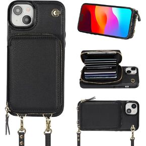 Bocasal Crossbody Wallet Case for iPhone 15 Plus, RFID Blocking Leather Purse Case with Card Holder, Protective Handbag Flip Cover with Zipper Wrist Strap Lanyard for Women 5G 6.7 Inch (Black)