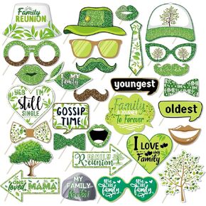 30Pcs Family Reunion Photo Booth Props with Stick, Family Gathering Birthday Theme Selfie Props, Green Family Tree Party Supplies, Photography Backdrop Decorations