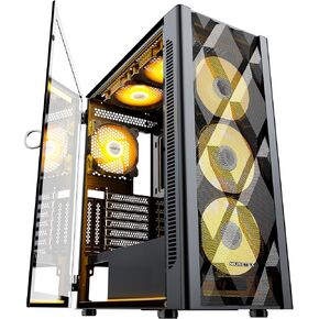 MUSETEX ATX PC Case Mid-Tower with 6pcs 120mm ARGB Fans, Polygonal Mesh Computer Gaming Case with Type C, Opening Tempered Glass Side Panel, USB 3.0 x 2, Black, NN8-N6-7PIN