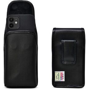 Turtleback Premium Leather Phone Holster for iPhone 13 & 12 Mini, Small – Black Phone Belt Holder Fits a Clear Style Case or Other Very Slim Cases – Phone Holster with Leather Belt Clip