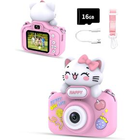 Kids Camera for Girls and Boys, 1080P 8X Digital Zoom Camera for Kids Age 3 4 5 6 7 8, 48MP Toddler Camera Christmas Birthday Gift with Silicone Cover & 16GB TF Card, Pink