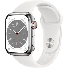 Apple Watch Series 8 (GPS + Cellular ، 41mm) الفولاذ المقاوم للصدأ الفولاذ الفضي مع شريط رياضة وايت ، M/L (قسط متجدد)