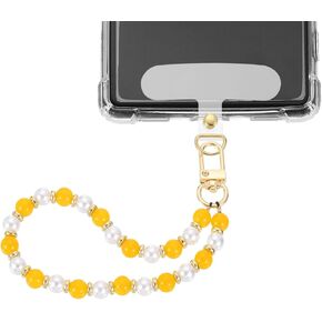 uxcell Pearl Beaded Phone Wrist Strap, Phone Chain Lanyard Hands-Free Wristlet Bracelet Phone Charm with Tether Tab for Wallet Keychain Camera Earphone, Yellow & White
