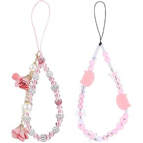 2 PCS Cute Phone String Pink Beaded Phone Chain Cell Phone Straps Flower Mobile Phone Keychain Charm Aesthetic Heart Cat Wrist Lanyard for Bag Women Girls Camera Pendants Decor