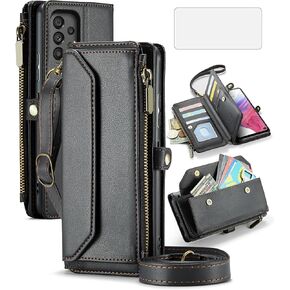 Asuwish Phone Case for Samsung Galaxy A53 5G Zipper Wallet Cover with Tempered Glass Screen Protector and Leather Flip RFID Blocking Card Holder Cell A 53 G5 53A SM A536U 6.5" 2022 Women Girls Black