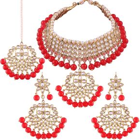 I Jewels Indian Bollywood Gold Plated Kundan & Pearl Choker Necklace Jewelry Set For Women (K7058)