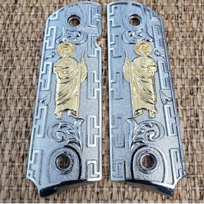 1911 Grips SAN Judas ST. Jude Full Size Grips Government Grips Ambi Cut Nickel/Gold