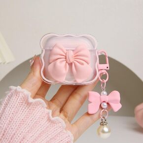 Compatible with Apple AirPods 4 Generation 2024 Case Cover, Cute 3D Bow Tie Design Shockproof Soft Clear TPU Kawaii Airpods 4 Protector with Keychain for Women Girls, Pink Bow