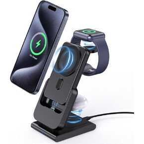 Magnetic 3 in 1 Wireless Charging Station for A-pple, 5000mAh Mag-Safe Charger for iPhone 16 Pro Max/15/14/13/12, Portable Wireless Charger for A-pple Watch Ultra 2/Ultra/9/8/7/SE Air-Pods 2/3/4/Pro