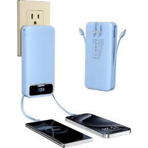 Portable-Charger Power-Bank with Built-in Cables & AC Wall Plug - 20000mAh PD 20W Fast Charging for iPhone,Android, USB-C,Rechargeable External Battery Pack for Cell Phone,Type C cords,Travel Blue