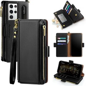 ATTSTURDY لـ Samsung Galaxy S21 Ultra 5G Wallet Case with Card Holder Women Men ، Galaxy S21 Ultra Phone Case RFID Flocking PU Leather Flip Cover Cover Slots Slots Slots ، Black