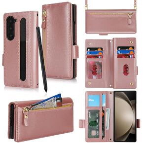 for Samsung Galaxy Z Fold 5 Case with S Pen Holder,Z Fold 5 Case Wallet with Card Holder and Strap Crossbody Lanyard,Leather Shockproof Zipper Pocket Flip Phone Case-Rose Gold