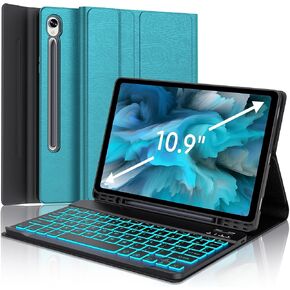 FARYODI for Galaxy Tab S9 FE Case with Keyboard, Detachable Wireless Bluetooth Keyboard, 7 Colors Backlit, Smart Folio Cover with S Pen Holder for Samsung Galaxy Tab S9 FE 10.9"/S9 11 Inch, Blue