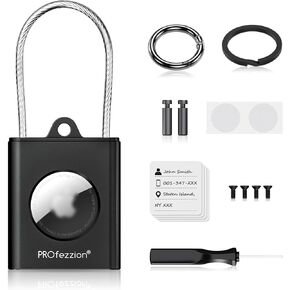 PROfezzion Metal AirTag Holder, AirTag Secure Holder Case with Key Rings, Metal Wire Cable and Name Tags, Aluminum Hard Shell AirTag Case for Luggage, Suitcase, Backpack, Keychain - Black