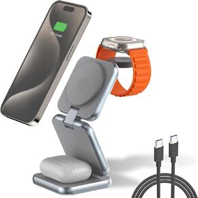 3 in 1 Charging Station for Apple Devices, Magnetic Foldable Wireless Charger, 15W Fast Charging for iPhone 12/13/14/15/16, Watches, and Earbuds, Compact Travel Design, Metal Frame