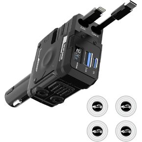 4 in 1 Retractable Car Charger,66W Cigarette Lighter USB Charger,2 Retractable Cords,USB-C Type-C for iPhone16 15 14 13 12 Pro Max, Samsung iPad Pixel,Black,4 Car Shock Absorbers