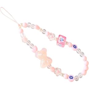Beaded Kawaii Bear Phone Charm Lanyard Wristband Colorful Flower Charm Anti-Loss Chain Accessories Sweet Gift-A Pink
