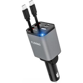 Flexino Retractable Car Charger 4 in 1, Car Charger for iPhone 16, USB C Car Charger, 69W Fast Charging Car Charger, Compact Car Phone Charger, Fit for iPhone 16/15/14/13/12, Samsung, Grey