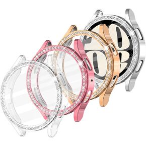 WINGLE Soft TPU Case for Galaxy Watch 6 44mm Screen Protector Case Cover, 4 Pack Bling Crystal Diamond Protective Bumper for Samsung Galaxy Watch 6 44mm for Women, Silver/Rose Gold/Pink/Clear