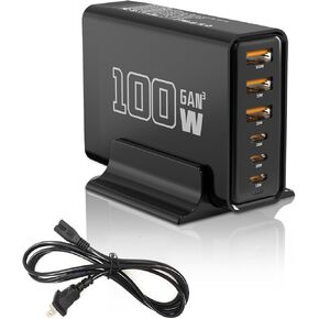 MaxLax Black USB Fast Charger, 100W GaN 6-Port 3 USB C +3 USB A Square Charging Station, Compatible with laptops mobilphones, Tablets, and Other USB Devices