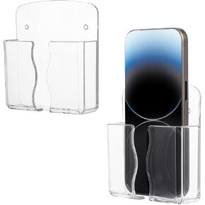 2Pcs Phone Holder Wall Mounted Clear Wall Mounted Phone Holder Cell Phone Stand with Self Adhesive Phone Holder for Shower/Charging Bedside Organizer Compatible with Phone and Android