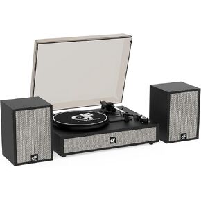 Vinyl Record Player with External Speakers, Wireless Bluetooth 3 Speed Vintage Record Player and Speakers Retro Turntable with Stereo Speakers, RCA Line-Out and AUX-in, Black